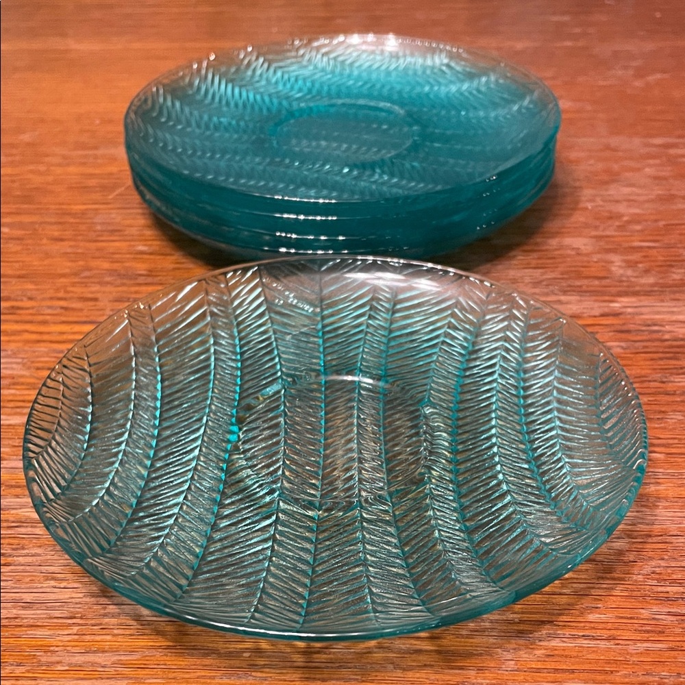 Set of 5 Elegant Teal Glass Saucers Arcoroc France